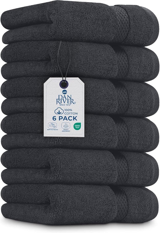 DAN RIVER 6-Pack Premium Hand Towels (16x28 Inches) - 100% Cotton, Ultra Soft, Lightweight, Highly Absorbent Towels for Bathroom, Spa, Gym, Salon, Hotel, and Travel - 550 GSM – Charcoal