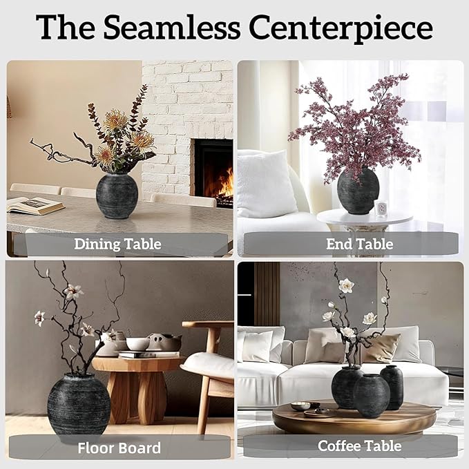 Large Black Ceramic Vase, 10.8 inch Round Minimalist Textured Floor Vase, Rustic Farmhouse Decor for Home, Living Room, Shelf, Table, Bathroom & Entryway Decoration (Black Bronze)