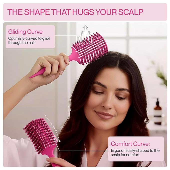 COCCO Aura Vent Boar Brush | Vented Dual-Curved Design for Faster Drying, Effortless Detangling & Shine, Boar + Nylon Bristles, Ergonomic Comfort Handle for Wet & Dry Hair Styling - Pink
