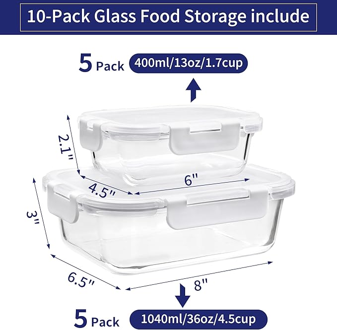 MFY 10-Pack Glass Storage Containers with Lids, Glass Meal Prep Containers Set, Airtight Lunch Containers with Lids, Microwave, Oven, Freezer and Dishwasher Safe, White