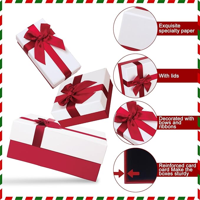 Tenceur 10 Pcs Gift Boxes with Lids Heavy Duty Nested Assorted Sizes Cardboard Gift Boxes for Presents with Ribbon for Xmas Holiday Present(Red, White,5 Size)