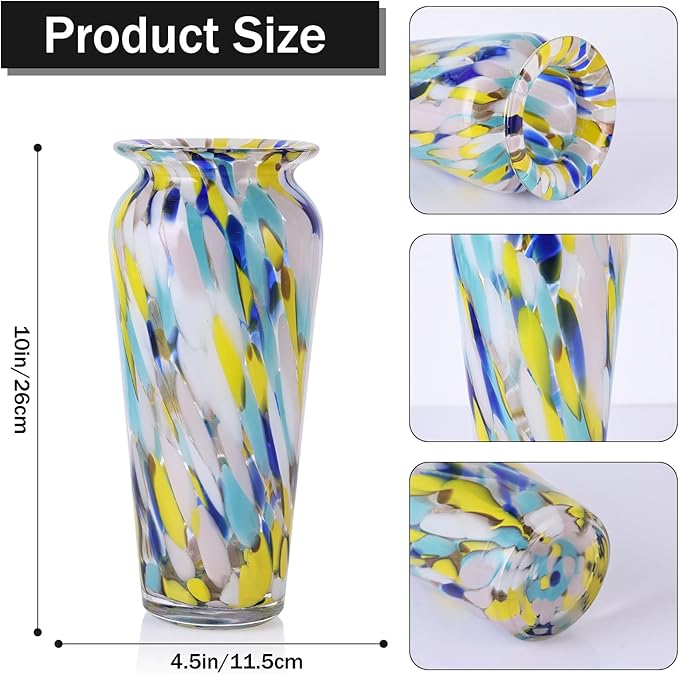 Blown Glass Colorful vase, Colorful Home Decorations, Modern Art Wide Mouth vase for Living Room Dining Coffee Table entryway TV Cabinet Bedside Table Centerpiece.
