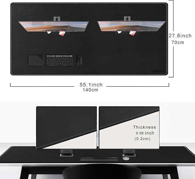 CENNBIE Leather Desk Pad Large, 55.1" x 27.5" Desk Mat Blotter Protector, Extended Non-Slip Mouse Pad, Waterproof PU Leather Desk mat for Desktop Office and Home (Black)