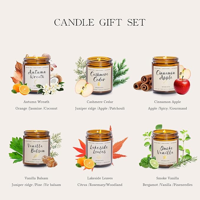 Holiday Candle Gift Set for Women – 6 Pack 7oz Winter Scented Soy Candles, Long Lasting Aromatherapy Christmas Gifts for Her, Perfect for Home Décor, Vanilla, Cinnamon & Cedar Scents