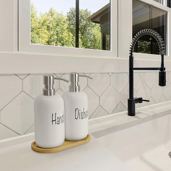 18oz Ceramic Soap Dispenser Set (2 Pack) with Stainless Steel Pump & Bamboo Tray, Bathroom & Kitchen