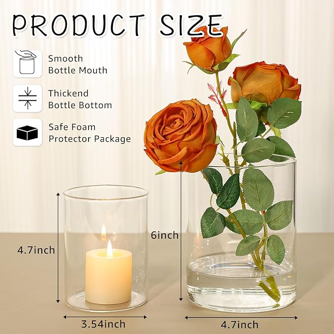 2Pcs Glass Vases for Centerpieces, Cylinder Flower Clear Vase Bulk Hurricane Candle Holder Fall Vase Filler Set with LED Light for Wedding Table Centerpieces Autumn Farmhouse Decoration