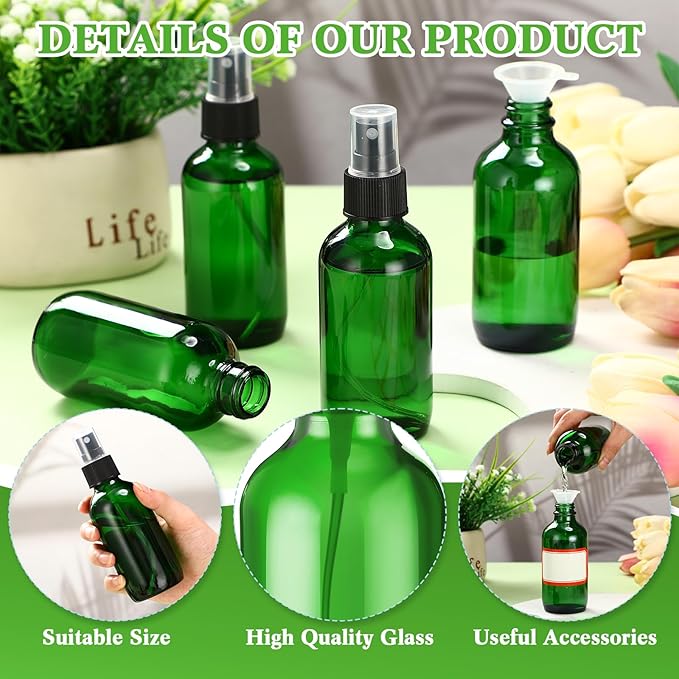 Fumete 36 Pcs Glass Spray Bottles 4oz Fine Mist Glass Spray Bottle Refillable Liquid Containers with 6 Labels 6 Funnel for Hair Travel Plants Cleaning Solutions Skin Care(Green,Classic)
