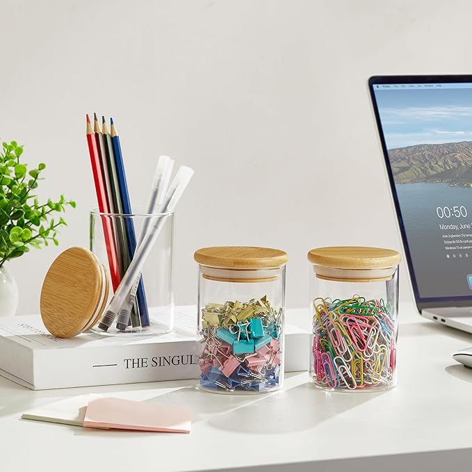 2 Pack Qtip Holder Dispenser - Glass Apothecary Jars with Lids, Cotton Ball Pad Swab Round Holder, Bamboo Bathroom Accessories, Bathroom Organizers Containers Jars Canisters with Lids