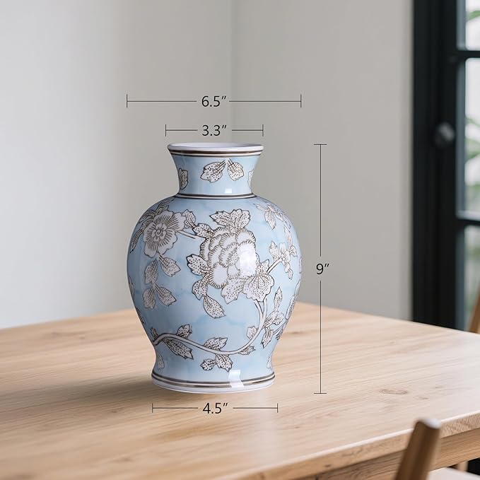 Vintage Chinoiserie Floral Ceramic Vase, Large Rustic Pottery Vases for Living Room, Entryway, Dining Table Centerpiece, Farmhouse Home Décor, Floor or Tabletop Flower Vase, (Blue)