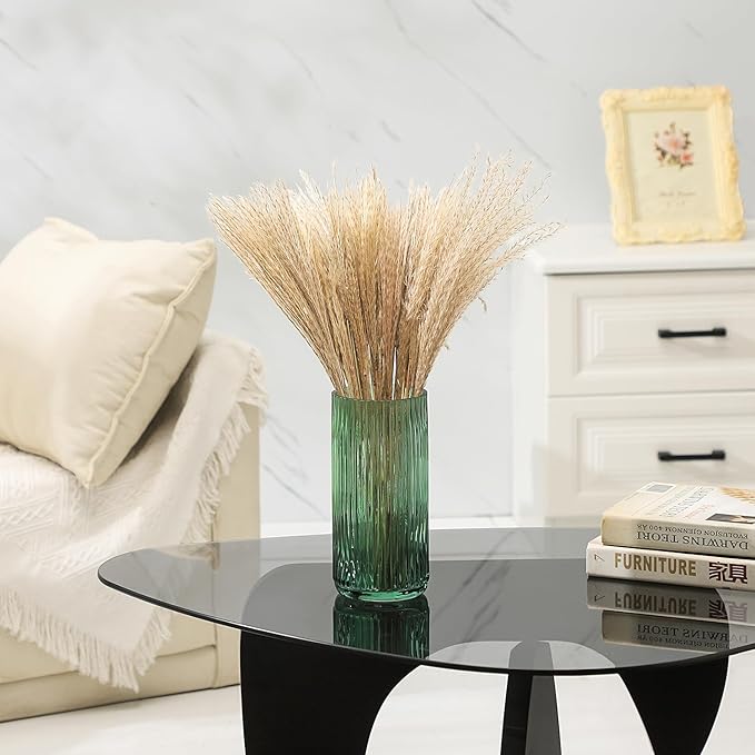 Ribbed Green Glass Vase - 8 Inch Modern Ribbed Vase for Flowers, Living Room, Bathroom, Dining Table, Office, Wedding, Centerpieces