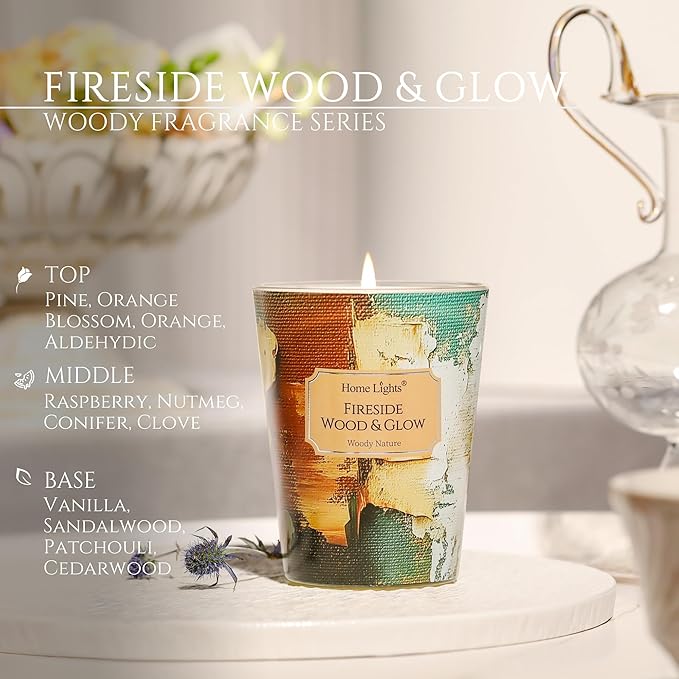 HomeLights 1-Wick Candles for Home Scented - 6.7oz Soy Wax Blend Candle Long-Lasting Fragrance, Industrial Chic Home Decor and Housewarming Gifts, Fireside Wood & Glow