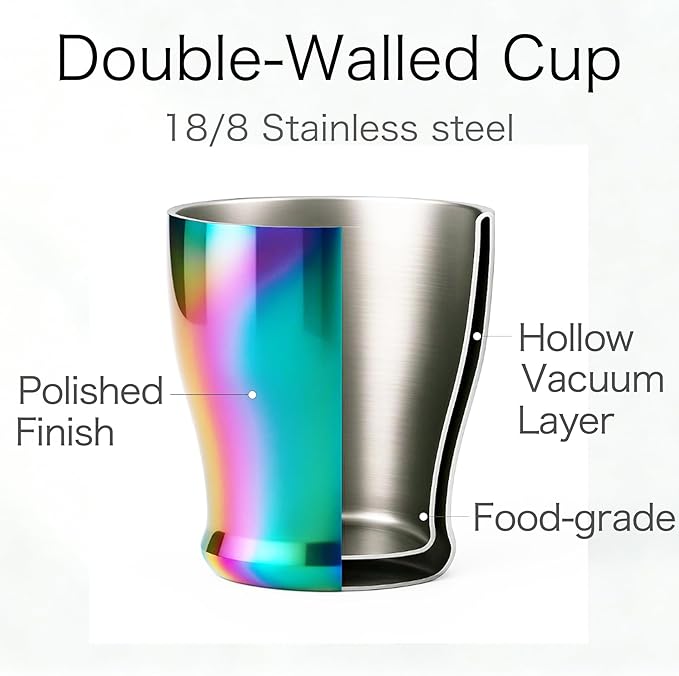 TIAKO 2-Pack Double Wall Stainless Steel Insulated Cups, 8.8oz (260ml), Hot & Cold Drinkware for Travel, Office, Home – Sweat-Proof, Durable, Mirror Polished Finish (Rainbow)