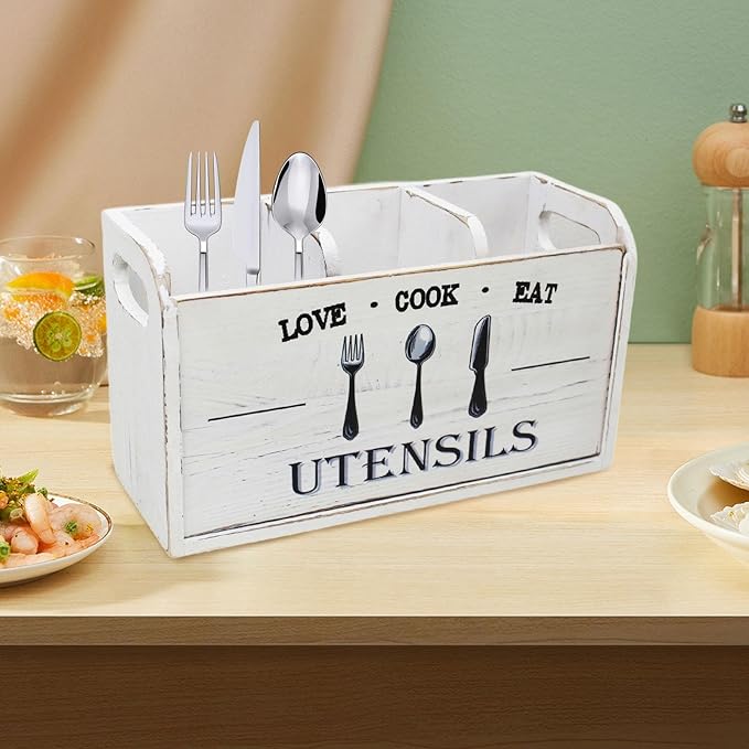 Fenteer Kitchen Utensil Holder Storage Crock Vintage Accessories Wooden Utensil Organizer Cutlery Box for Counter Hotels Restaurants, White