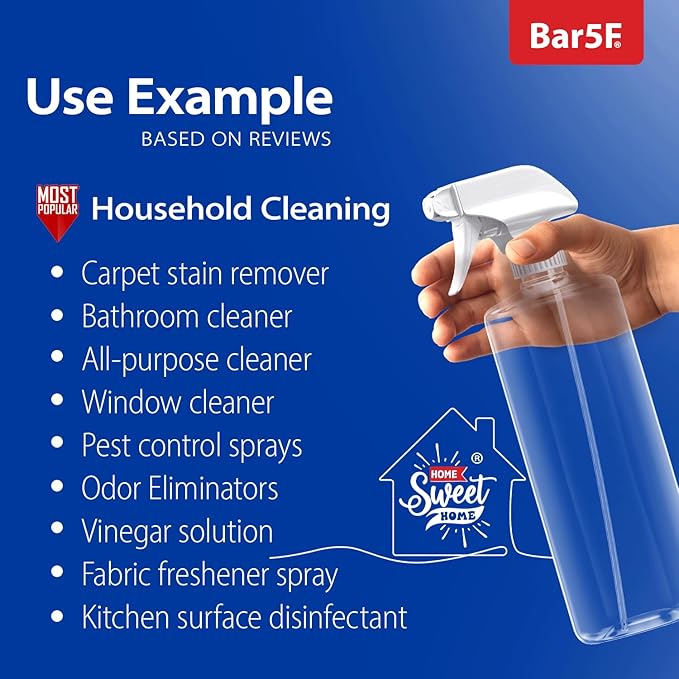 Bar5F Plastic Spray Bottles with Mixor Trigger, 32 oz | Professional, Leak Proof, Empty, Adjustable Fine to Powerful Sprayer, Refillable | Water Plants, Cleaning Solutions | Crystal Clear | Pack of 3