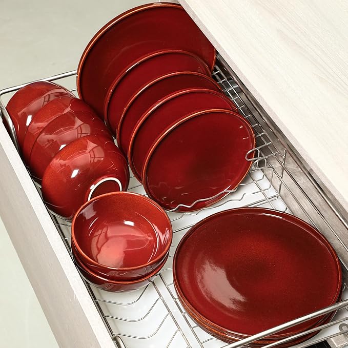 Vicrays Ceramic 12 Pieces Dinnerware Set - Dinner Plates Salad Plates Cereal Bowls Set Service for 4 - Scratch Resistant Microwave Oven Dishwasher Safe - Cherry Red