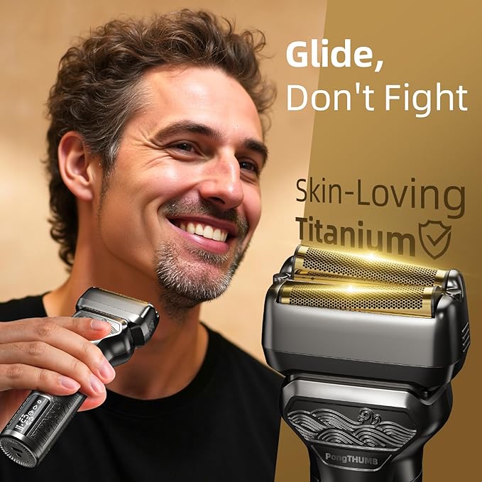 Electric Razor for Men: Rechargeable Foil Shaver with Push-Up Trimmer for Face - Cordless Wet/Dry/Anti-Slip Waterproof Shavers with LED Display - Metal Handheld Design, Light Gray Upgraded