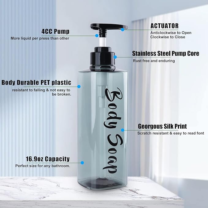 16.9oz Refillable Shower Soap Dispenser with Pump - 3 Chamber No Drill for Shampoo, Conditioner & Body Wash, Blue Clear Plastic Bottle Dispenser, Bathroom Organizer with 6 Waterproof Labels