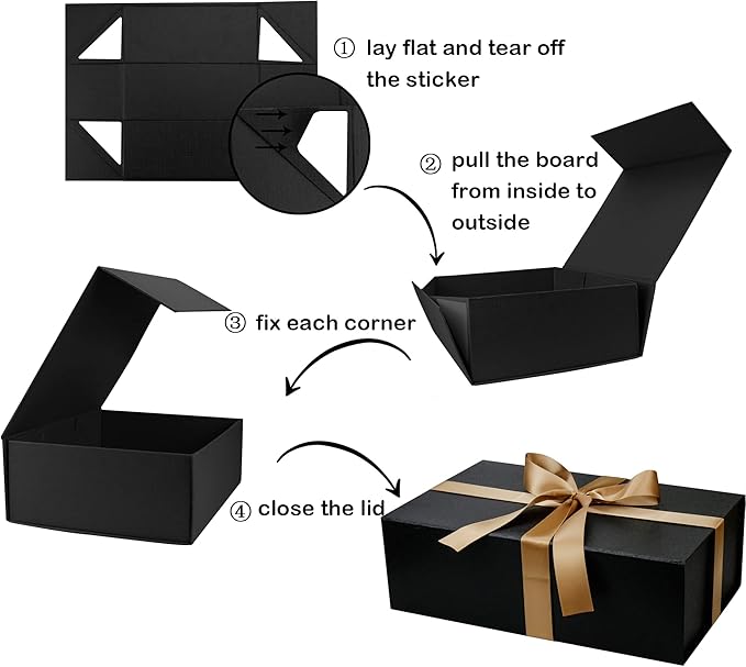 YINUOYOUJIA Large Black Gift Boxes with Lid,14"x9"x4.5" Magnetic Gift Box with Ribbon,Cards and Envelopes for Presents,Great for Wedding,Birthdays,Crafting,Gift Packaging.