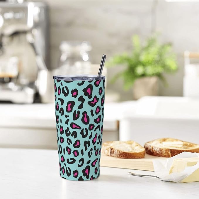 Blue Pink Leopard Tumbler,Leopard 20oz Stainless Steel Insulated Travel Tumblers,Travel Coffee Mug with Lid and Straw Water Bottle Drink Tumbler Cups Gifts for Women Men Lovers