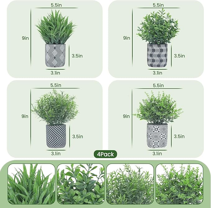 4 Pack Small Fake Plants, Fake Grass Plant, Artificial Boxwood & Rosemary, Lavender with Geometric Pattern Cement Pots, Small Potted Faux Greenery for Home Decor, Office, Indoor&Outdoor Decor