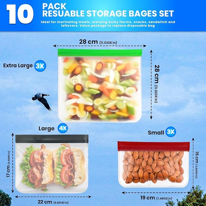 10-Pack Reusable Silicone Food Storage Bags – BPA-Free, Leakproof Ziplock Set | Includes 3 Snack, 4 Sandwich & 3 Gallon Sizes | Eco-Friendly & Freezer-Safe for Meal Prep & Food Storage