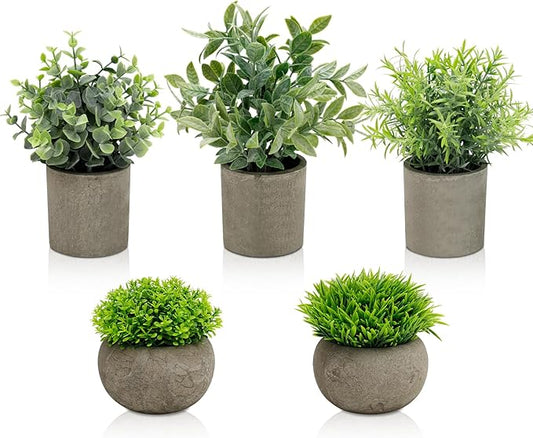 Artificial Potted Plants Faux Greenery in Cement Pots for Shelf, Bookshelf, Office or Home Decor, Small Decorative Fake Plants for Modern Indoor Display