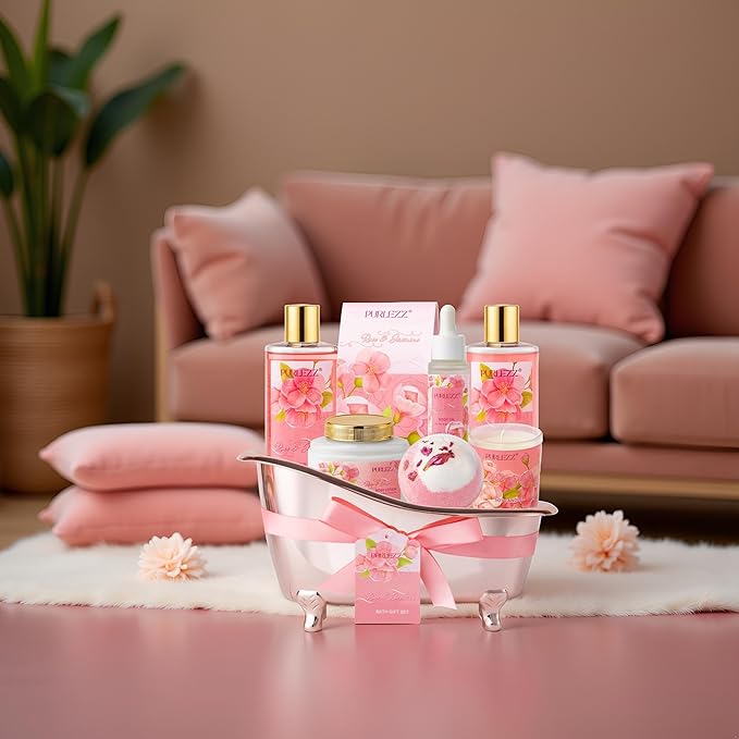 Rose & Jasmine Floral Luxury Bath & Body Gifts - Spa Basket with Body Lotion, Soy Candle - Home Bath Gift Set for Women