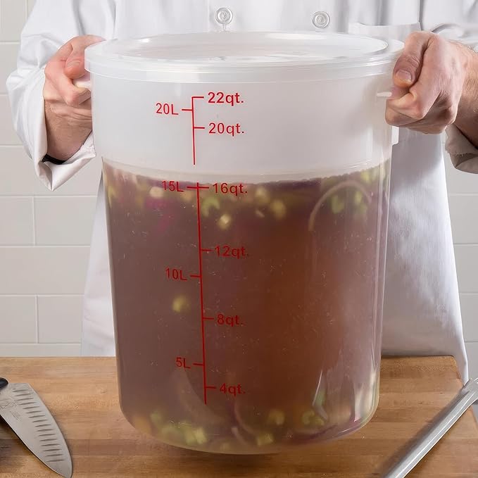22 Qt Commercial Food Storage Container with Lid Set - Round Translucent Polypropylene with Red Graduations, NSF Listed, BPA-Free for Restaurant Kitchen Organization (2)