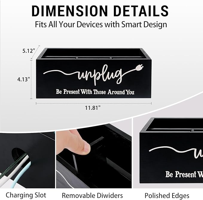 Bamboo Wood Phone Box – Unplug from Phones, Tablets, and Electronics for Study, Meetings, and Family Time, Phone Holder Organizer with Charging Holes, Farmhouse Style, Holds Up to 18 Phones-Black