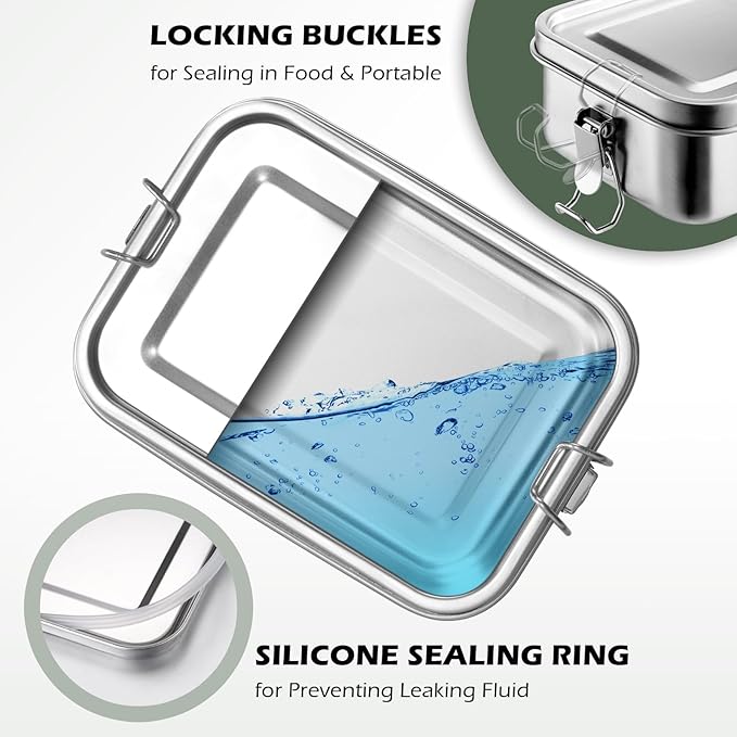 Leonyo 28oz Bento Box, 18/10 Stainless Steel Bento Lunch Box with 2 Dividers, 850ml Small Leak-Proof Food Snack Containers for Sandwich, Dishwasher Safe, Oven Safe Except for Lid