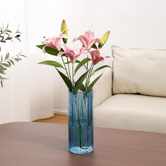 Blue Glass Vase, Glass Flower Vase, Ribbed Glass Vases, Blue Vase, Tall Cylinder Vases for Centerpieces, Living Room, Bedroom, Dining Table, Office, Wedding, Bookshelf Decoration, 10 Inches