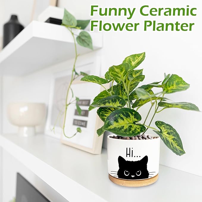 Kwtzkuo® Black Cat Ceramic Pot with Drainage Hole, Cat Planter Succulent Plant Flower Pot, Home Office Decoration for Plant Lovers Friends, Funny Cat Planter for Cat Lover