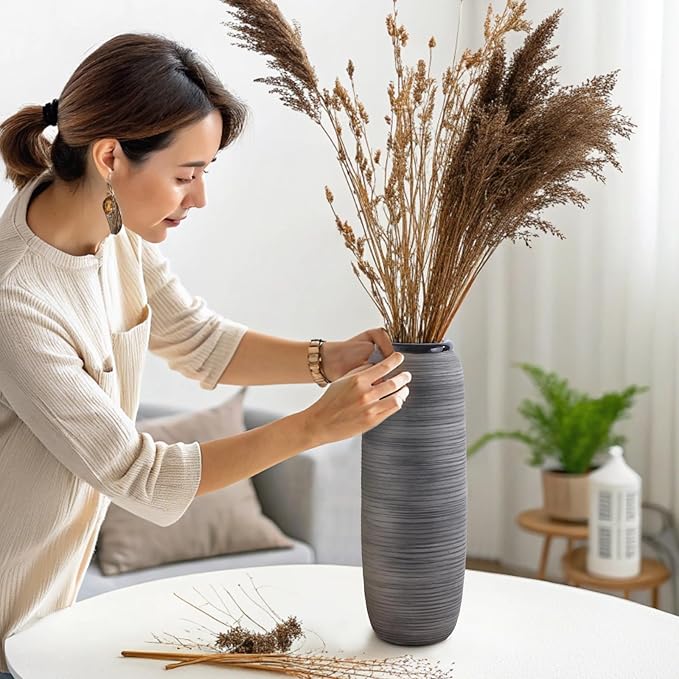 ALMA Black Tall Floor Vase for Pampas Grass, 18'' Gray Extra Large Floor Vase for Home Decor, Big Unique Ceramic Flower Vases for Living Room Floor,Fireplace,Mantel Decoration