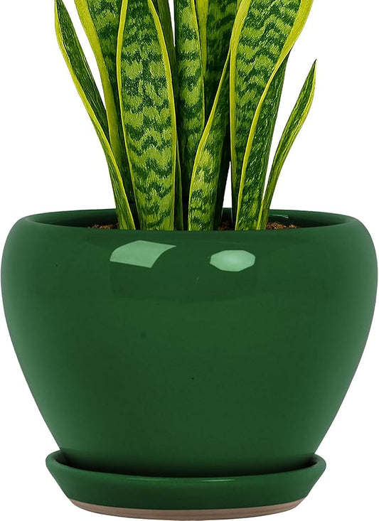 Deep Dream 8 Inch Plant Pots- Ceramic Pots for Plants with Drainage Hole and Saucer, Large Planter Pot for Indoor Plants Outdoor Decor, Green