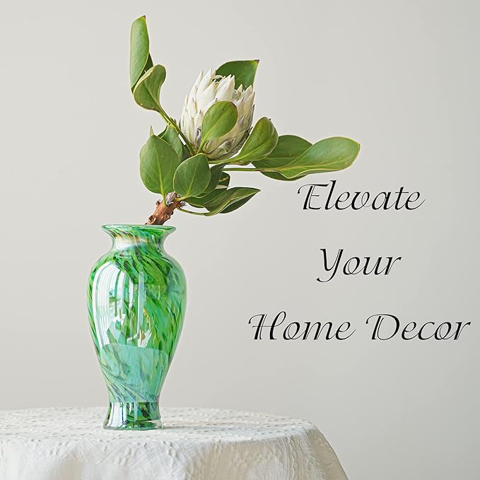 Hand Blown Green Classic Vase for Home Decor, 11.5Inch Glass Flower Vase for Shelf Decor, Living Room Decor, Centerpieces, Unique Gift for Her Mom Sister Friends
