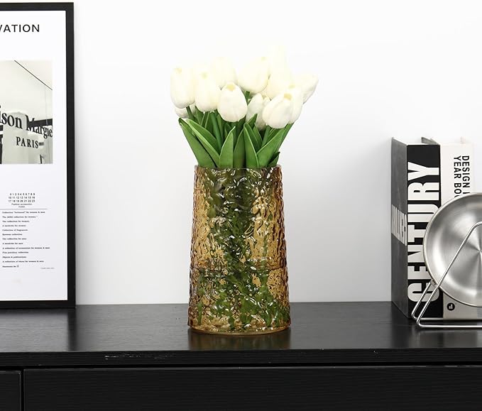 Amber Glass Vase, Flower Vases for Bouquet, Modern Glass Vase for Flowers, Large Vases for Living Room, Bedroom, Kitchen, Office, Wedding, Dining Table, 8 Inches