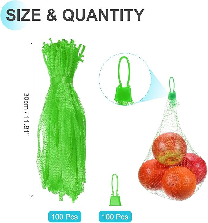 uxcell 100 Pcs Reusable Mesh Produce Bags, 30cm/12 Inch Washable Net Storage Bags Reusable Grocery Reusable Storage Bags with Plastic Buckle for Fresh Fruit Vegetables Seafood, Green
