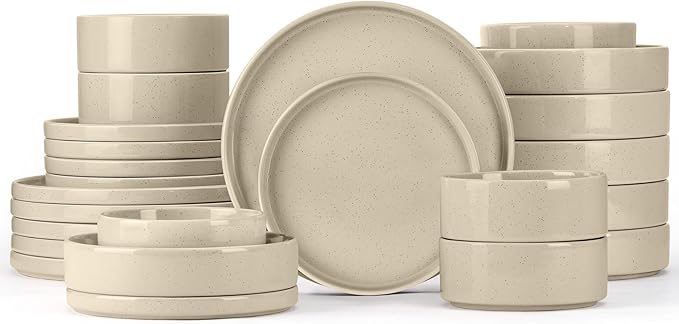 Herogo 24 Piece Dinnerware Sets with Double Bowls, Stoneware Plate and Bowls Set for 6, Ceramic Dinner Dishware for Kitchen Dining, Microwave & Dishwasher Safe, Speckled Khaki