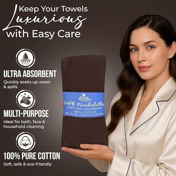 DAN RIVER 100% Cotton Wash Cloths 24 Pack [12x12] Soft & Absorbent Soft washcloths, Gym, Hotels & Spa Perfect for Everyday Use Fingertip Towels, Brown