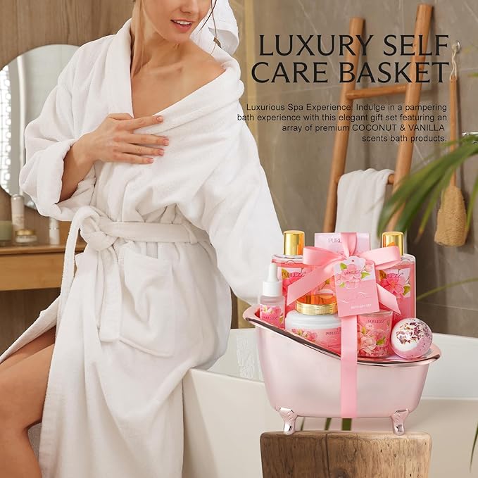 Rose & Jasmine Floral Luxury Bath & Body Gifts - Spa Basket with Body Lotion, Soy Candle - Home Bath Gift Set for Women