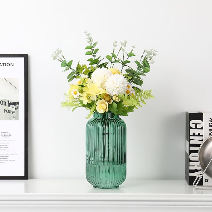 Ribbed Glass Vase, Green Flower Vase for Bouquet, Glass Vases for Flowers, Modern Vases for Living Room, Bedroom, Kitchen, Dining Table, Office, Wedding, 8.6 Inches