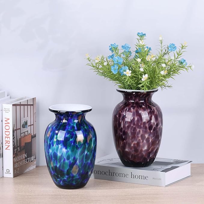 9" Purple Hand Blown Glass Vase – Murano Style Art Glass Sculpture, Stained Colorful Flower Vase for Table Centerpieces, Lavender Glass Decor for Entryway, Bookshelf, Office or Bathroom (Purple)