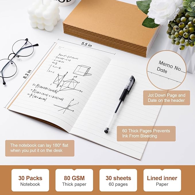 30PCS A5 Lined Composition Notebooks Bulk, 8.3x5.5 Inches Lined Paper Journaling Notebooks, 60 Pages Lined Kraft Notebook Set for Work, School, Student,Kids and Writing