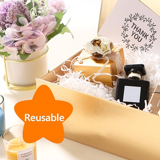 6 Gold Gift Boxes with Lids for Presents, Magnetic Closure Rectangle Collapsible Gift Boxes, Bridesmaids Proposal Boxes, Wedding, Birthday Gift Packaging (9x6.5x3.8 Inches)