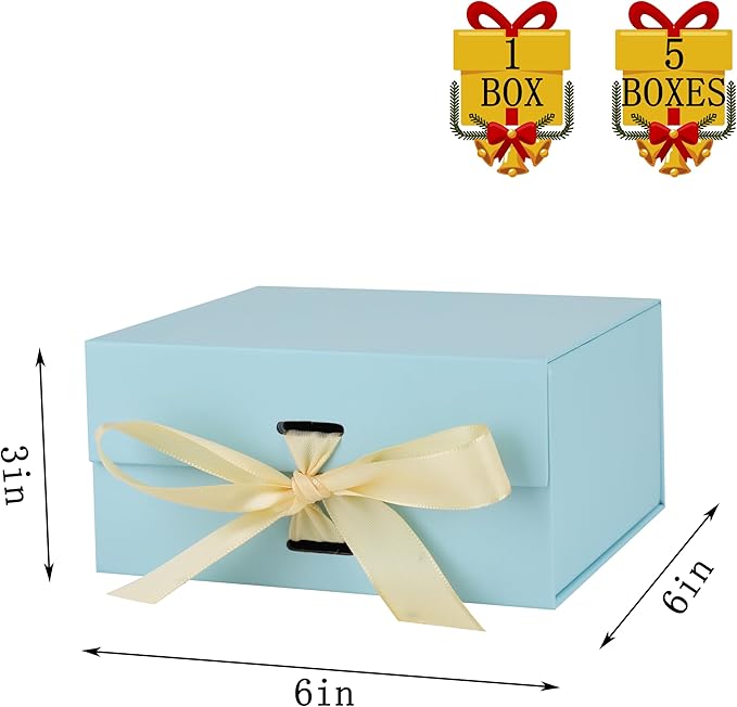 Skivra Blue Gift Box with Ribbon - 1 Pack, 6x6x3 Inch Small Collapsible Luxury Box with Lid, Magnetic Closure, Rectangle, Wedding Gifts, Shredded Paper Filler & Card