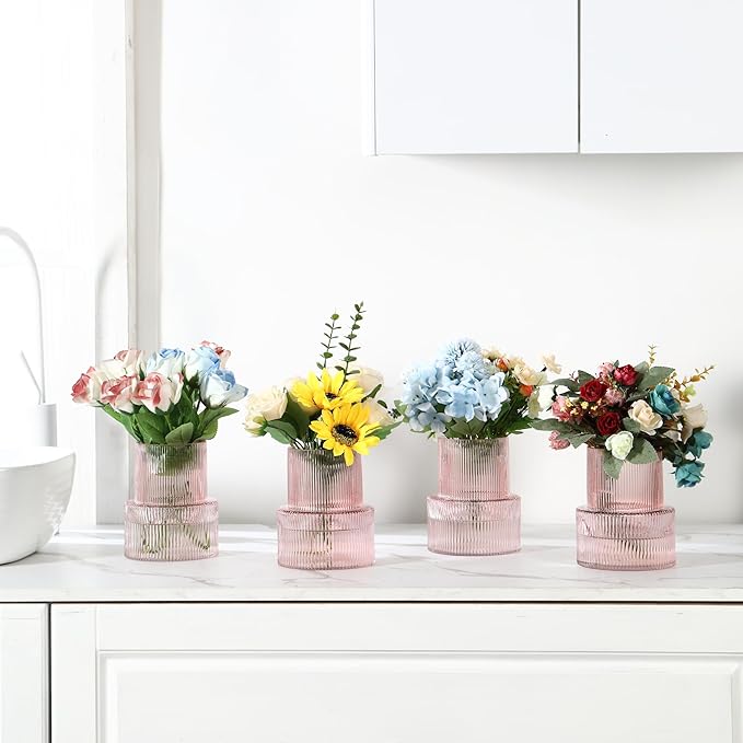 Ribbed Glass Vases, Set of 4 Small Vases for Flowers, Pink Glass Vase for Tulips, Modern Vase for Living Room, Kitchen, Office, Entryway, Bookshelf, Wedding Gifts, Birthday, 6 Inches