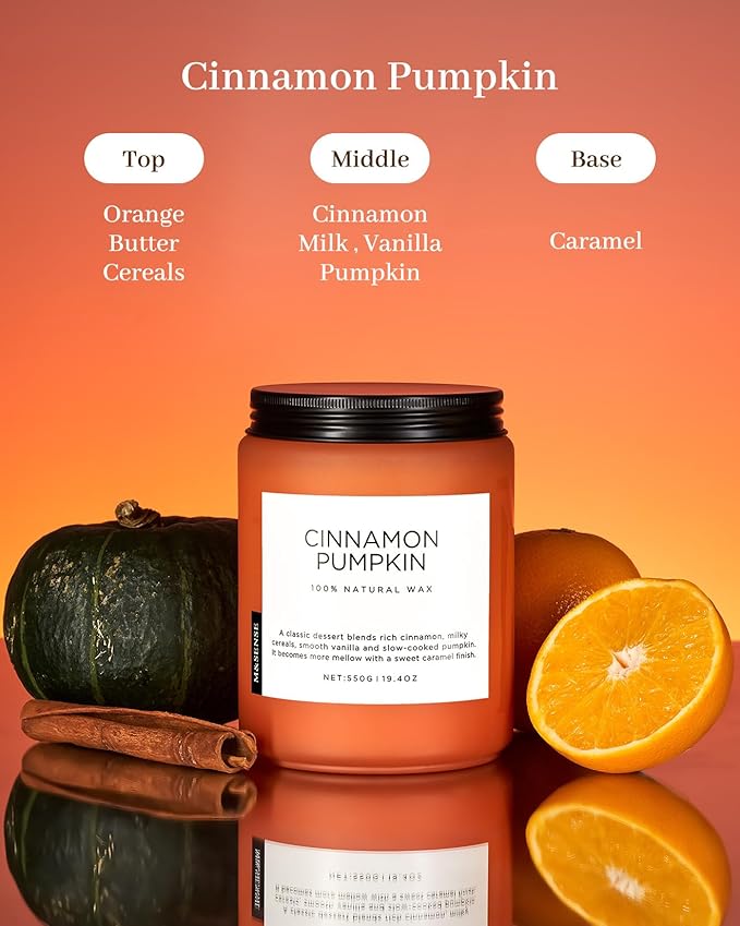 M&SENSE Cinnamon Pumpkin Fall Scented Candles, 19.4oz Soy Natural Candles 110 Hours Long Lasting Slow Burning Autumn Candle Gifts for Thanksgiving