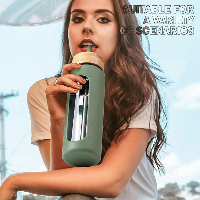 24oz Glass Water Bottle with Straw and 2 Lids-Bamboo and Spout Lid, Borosilicate Glass Water Bottle with Silicone Sleeve and Time Marker,BPA Free & Cupholder Friendly,Olive