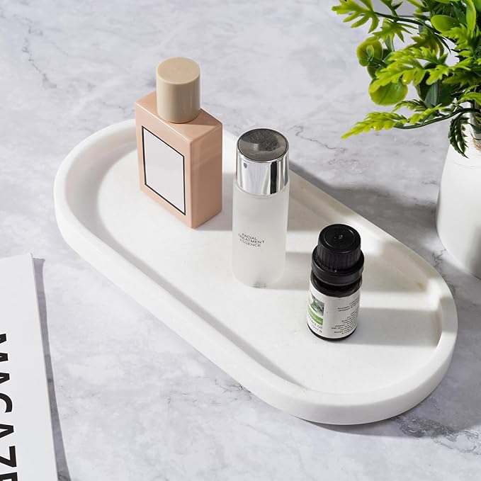 Elegant Ivory White Natural Marble Oval Tray 10x4.7 Inches for Bathroom Countertop, Vanity Jewelry & Perfume Organizer, Aesthetic Home Decor Accent