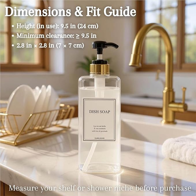 Modern Gold Design Large 27 oz Shampoo and Conditioner Dispensers - Empty Plastic Refillable Pump Bottle Set for Bathroom Shower Soap Dispenser, Gift Box Included, Set of 3 (Clear & Black)